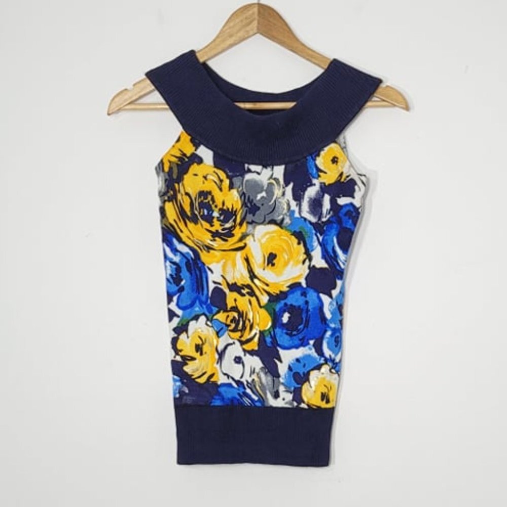 Cache Floral Silk Blend Blue Tones Yellow  Sleeveless Business Casual Classy S